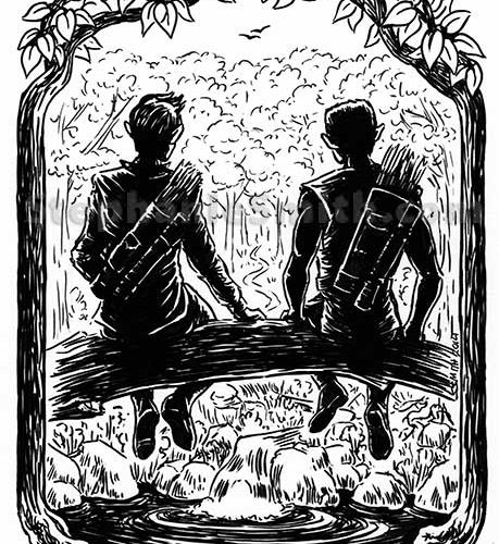 Ink drawing of two warriors sitting a forest