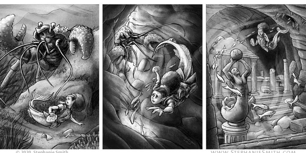 Artwork of a sequence of three images showing a mermaid being surprised by a monstrous crustracean, fleeing from it into a cave, and discovering a hidden treasure inside