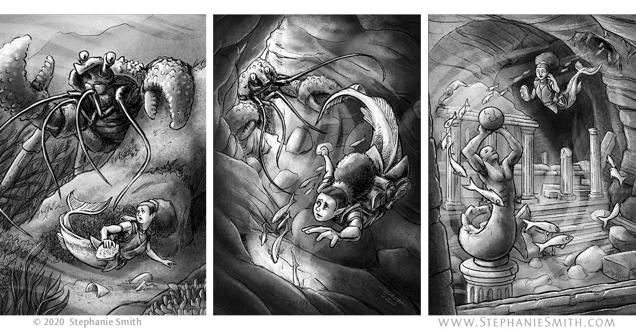 Artwork of a sequence of three images showing a mermaid being surprised by a monstrous crustracean, fleeing from it into a cave, and discovering a hidden treasure inside