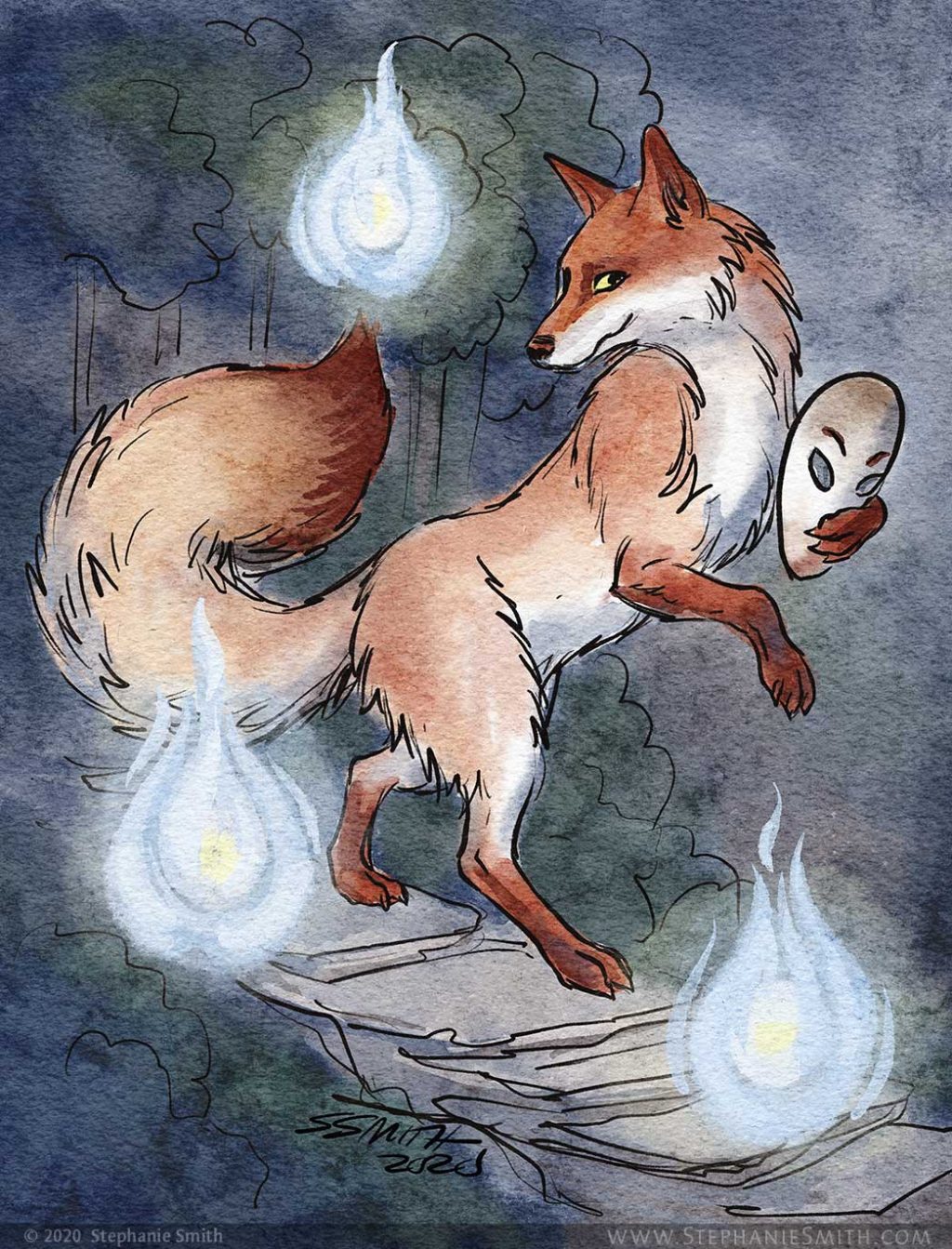 watercolor painting of a fox walking on hind legs with magic flames around it