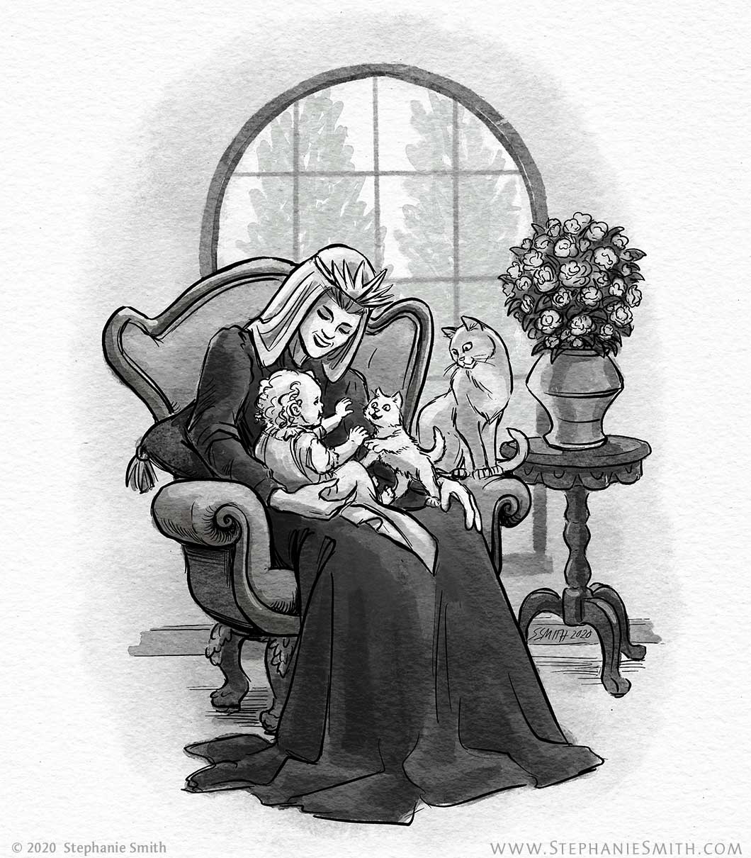 A drawing of smiling woman in a crown sittting with a baby and a kitten playing on her lap, while another cat looks on.