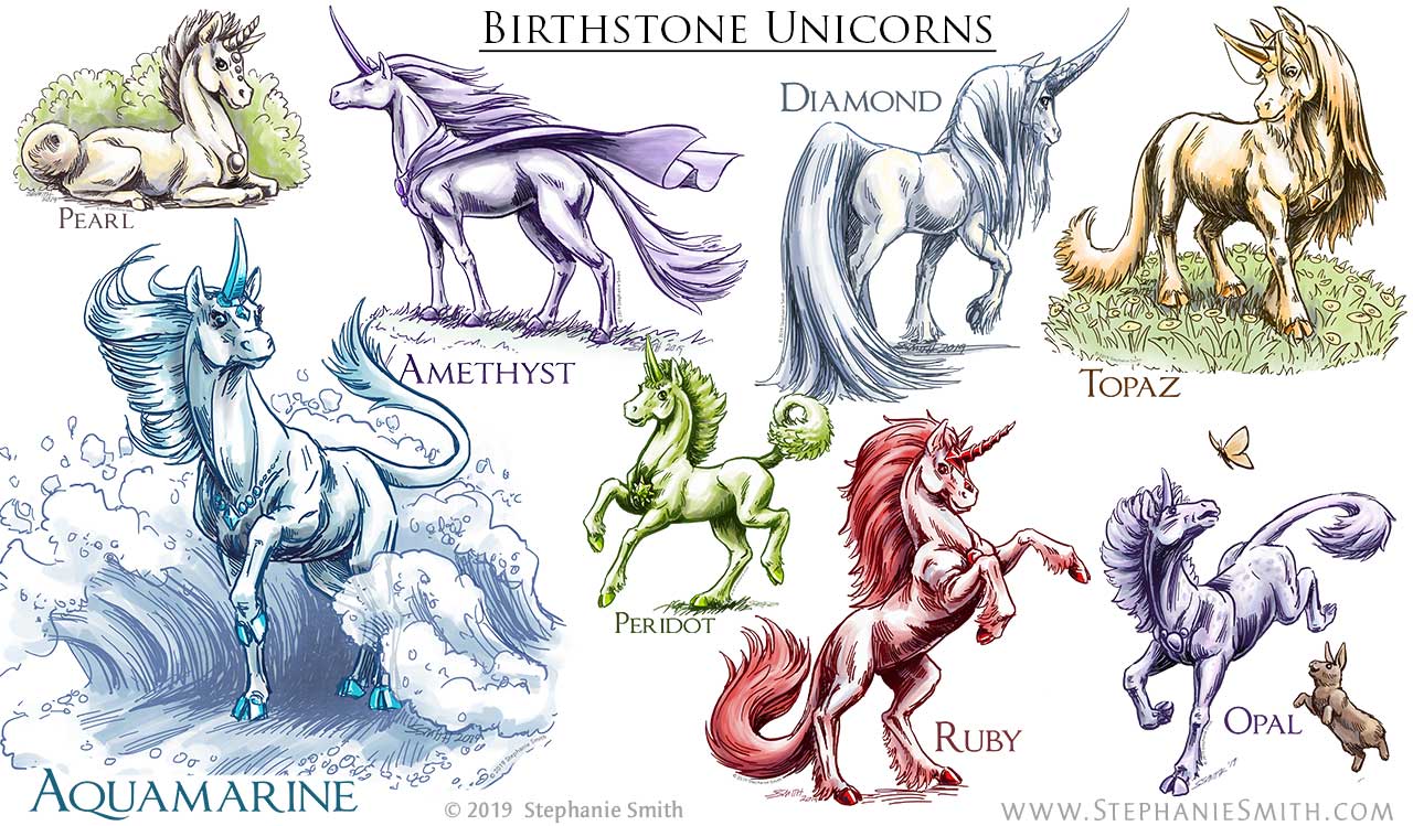 Drawings of colorful unicorns named after gemstones