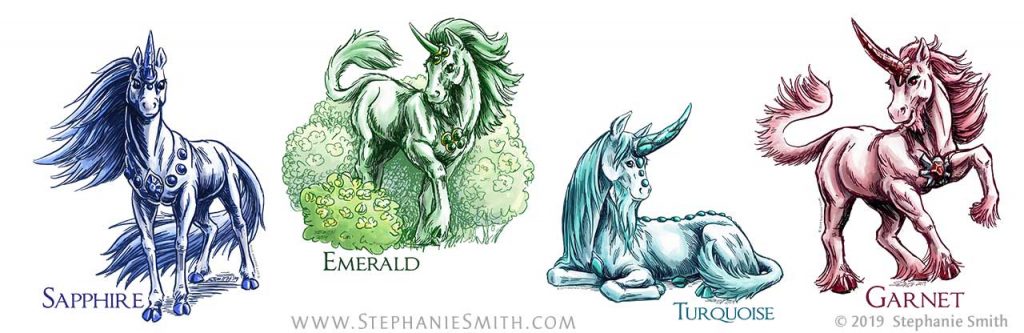 Drawings of colorful unicorns named after gemstones