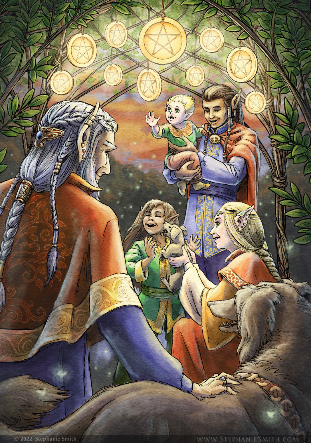 The 10 of Coins Tarot Card, depicted with a happy family of elves