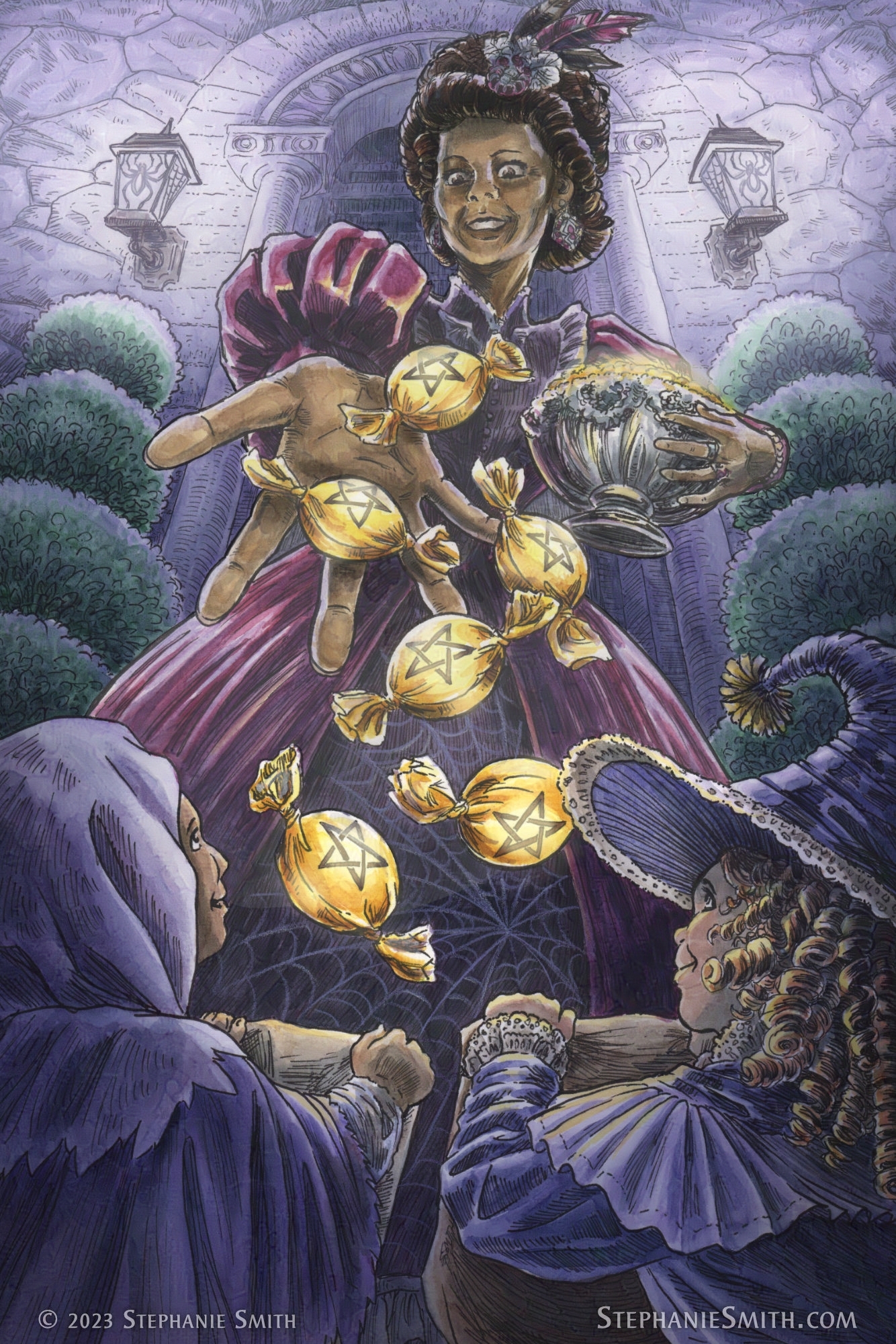 Artwork of a dark-skinned woman in a dark red, victorian-style gown, standing in front of a stone doorway lit only by a pair of lanterns at night. She is happily tossing six gold-wrapped candies with a single five-pointed star on each at two costumed children holding sacks below her: one in a plain hood and robe, and the other in a fancy witch costume with ruffles and curly hair.