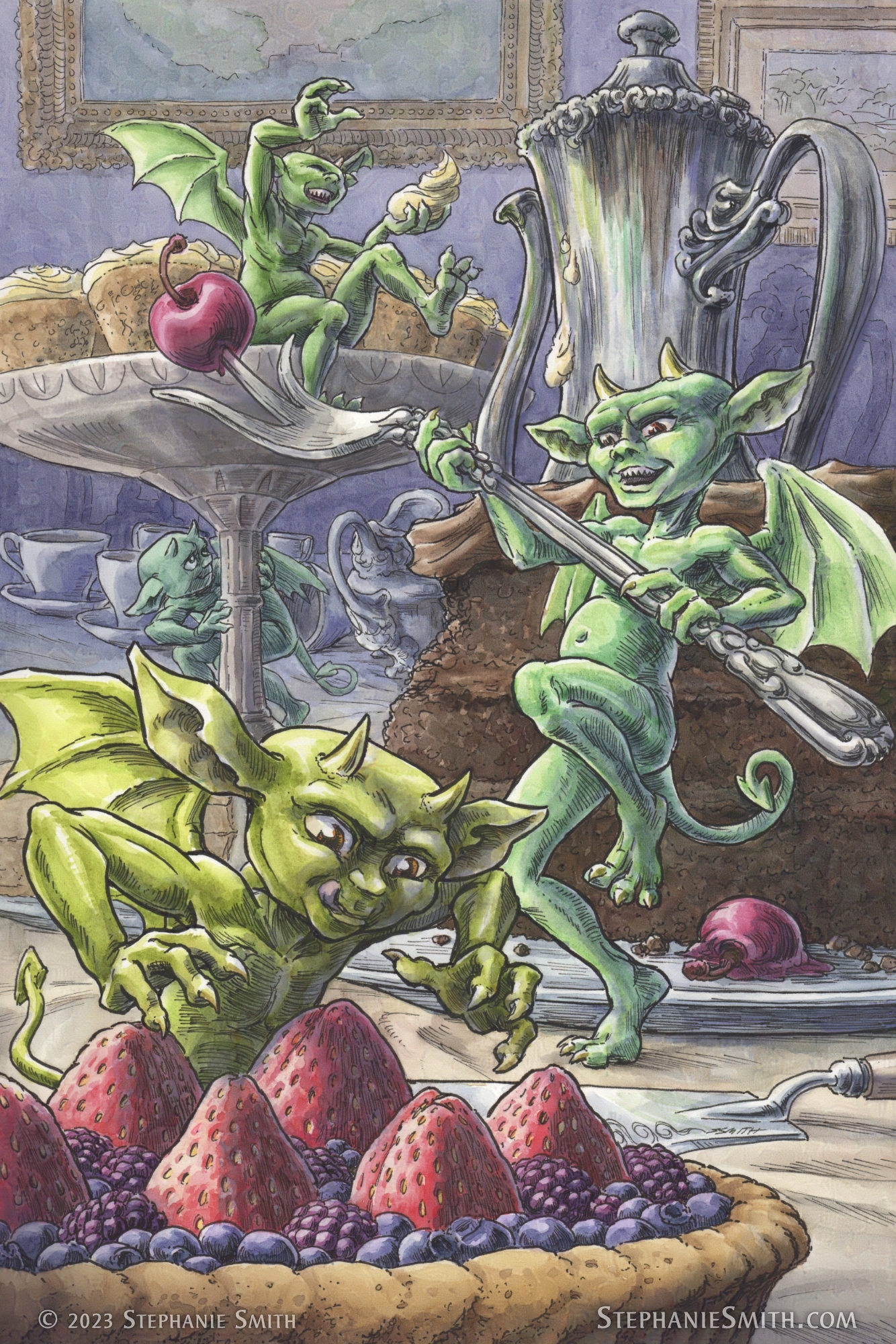 Painting of small green humanoid imps with tiny horns and wings, playing across a table set with fancy tableware and rich desserts, as if having a food fight.