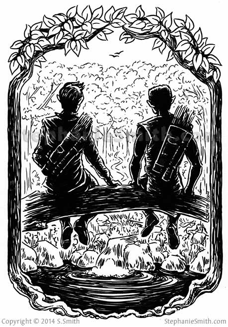 Ink drawing of two warriors sitting a forest