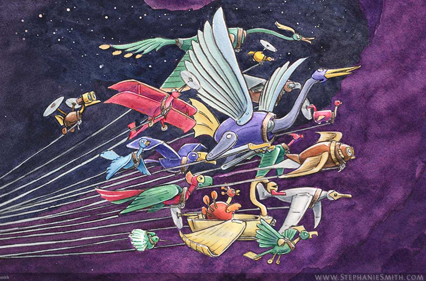 Painting of flock of robot birds flying through outer space