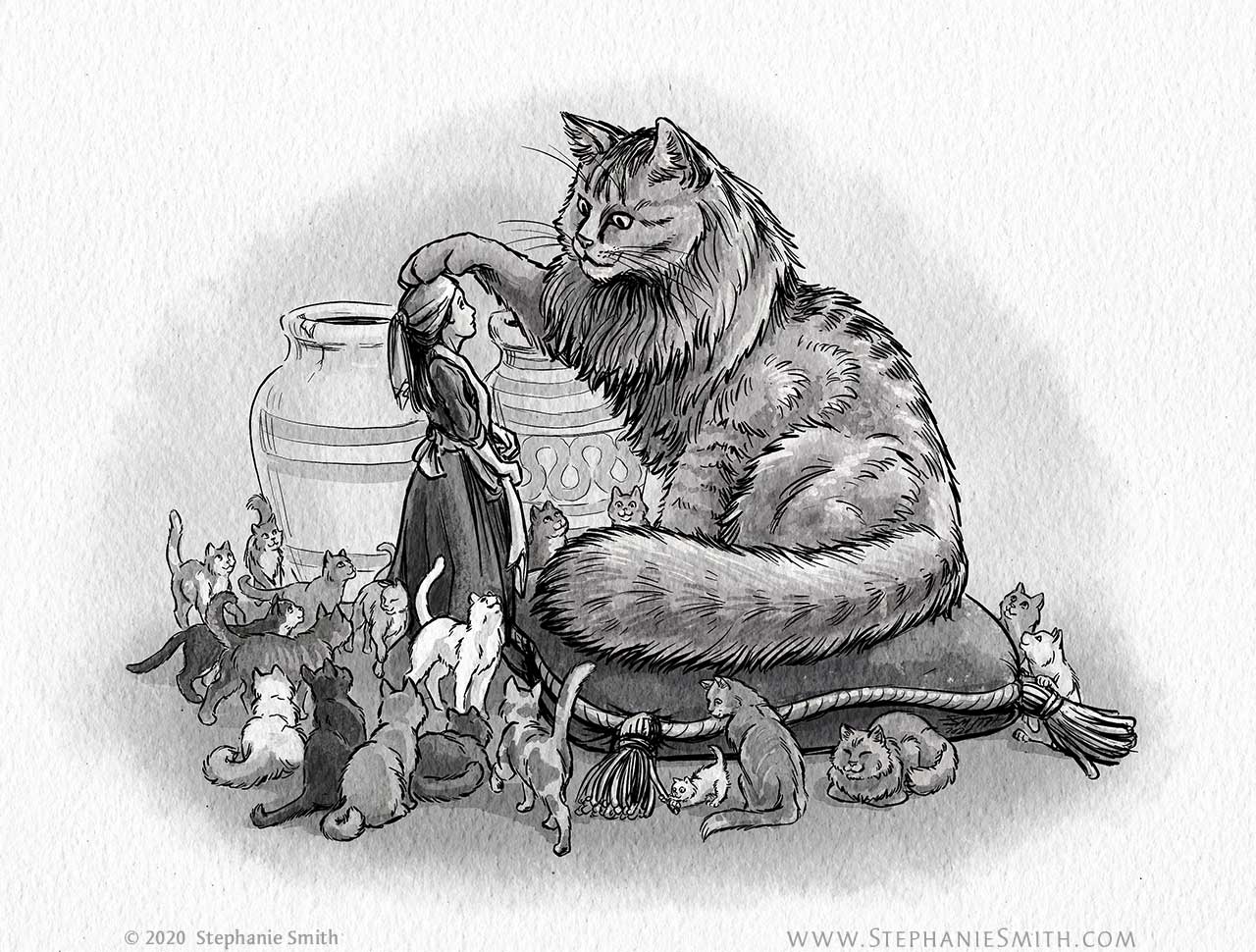 A drawing of a huge cat, surrounded by smaller cats, with its paw gently resting on a girls head.