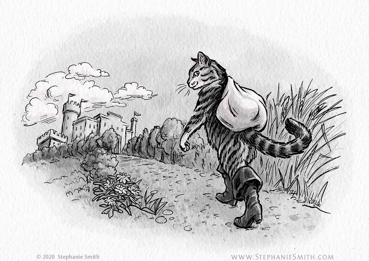 Drawing of a cat wearing boots and carrying a sack walking down a road towards a castle