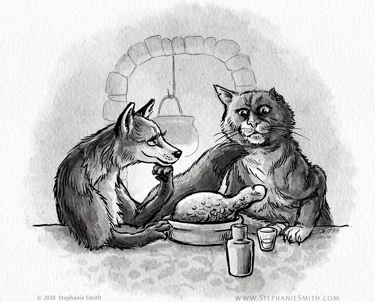 Drawing of a fox alluring serving food to a skeptical one-eared cat.