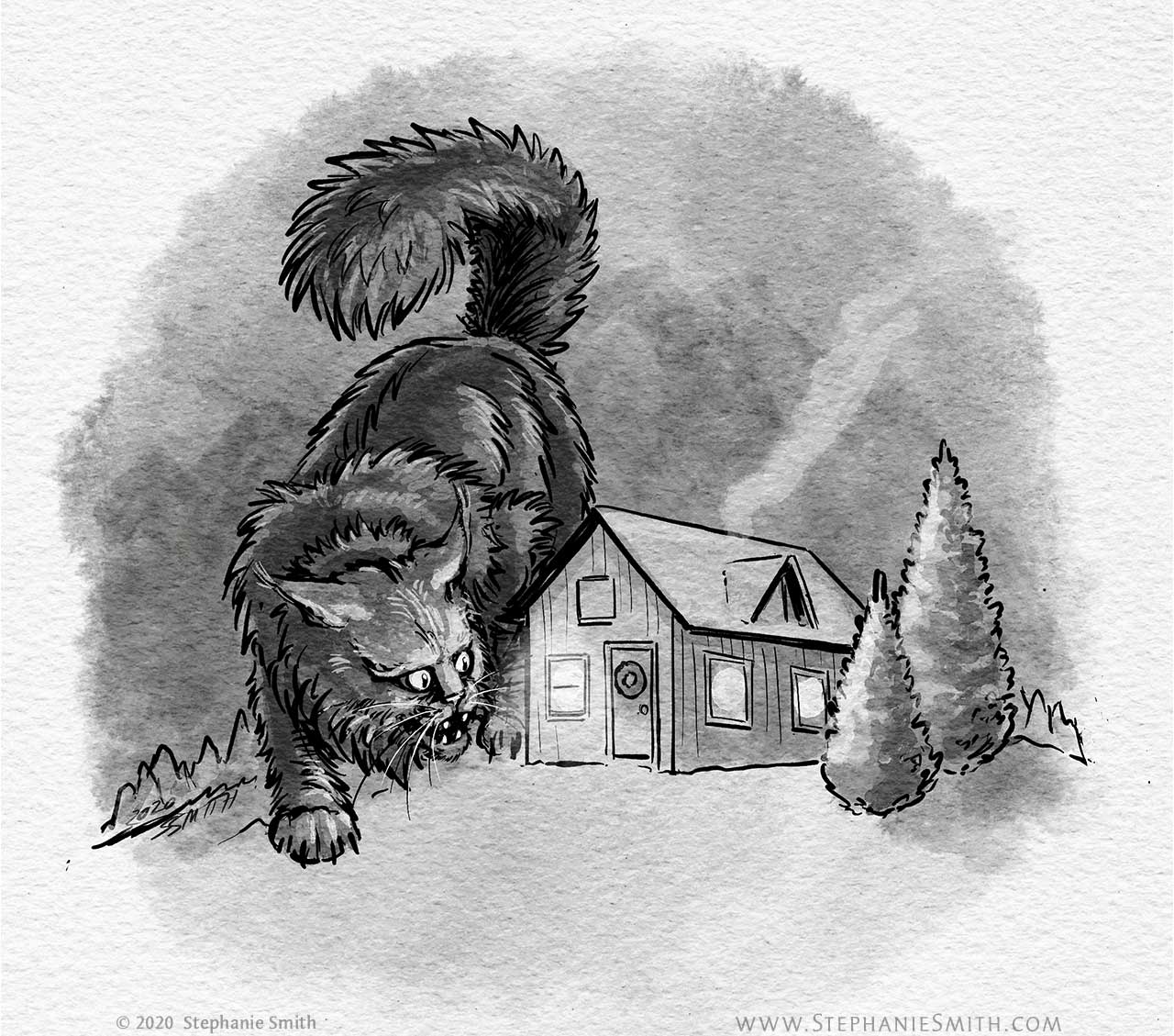 Drawing of a giant black cat peeking in the window of a small house in the winter woods.