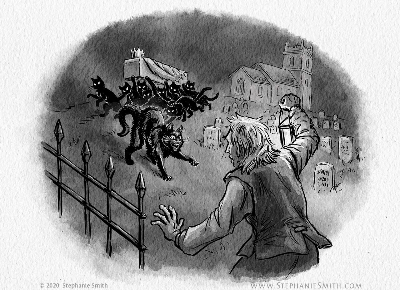 Drawing of a man in a graveyard confronting a crowd of black cats carrying a coffin