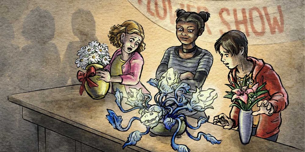 Artwork of children exhibiting at a flower show, where the middle child has brought a monstrous glowing plant and the other children with their normal bouquets are shocked.