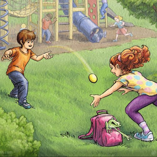 Ink and watercolor style painting of a boy and girl playing catch in a park with a playground in the background. On the ground, a frog is trying to escape from the girl's pink backpack.
