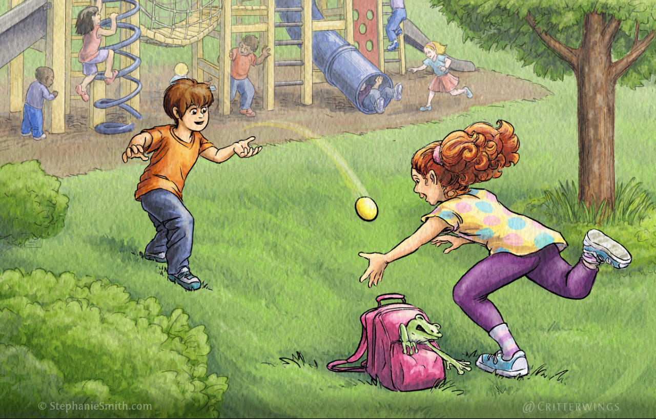 Ink and watercolor style painting of a boy and girl playing catch in a park with a playground in the background. On the ground, a frog is trying to escape from the girl's pink backpack.