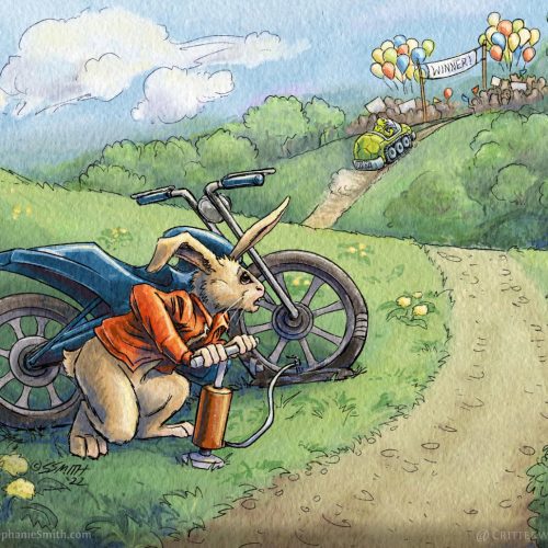 Ink and watercolor painting of a rabbit wearing a red jacket using a bicycle pump to inflate the tire of a motorbike on a country road while watching as, in the distance, a turtle in a small tank is about to cross a finish line greeted by a crowd and balloons.