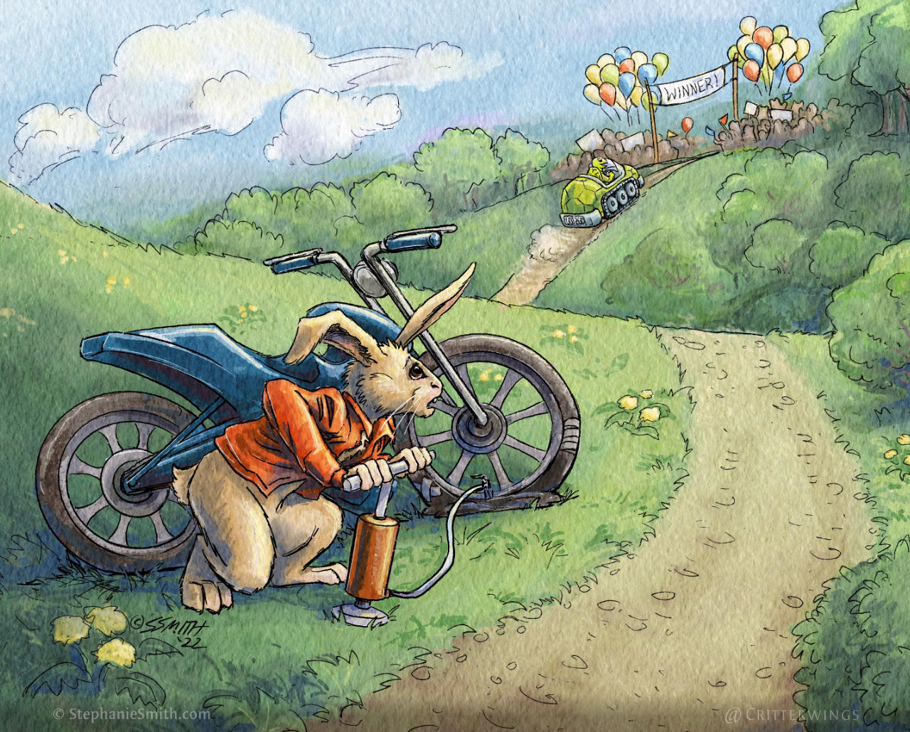 Ink and watercolor painting of a rabbit wearing a red jacket using a bicycle pump to inflate the tire of a motorbike on a country road while watching as, in the distance, a turtle in a small tank is about to cross a finish line greeted by a crowd and balloons.