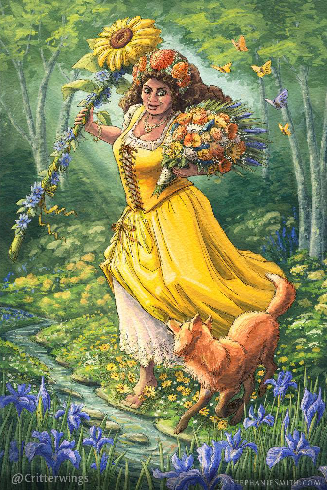 A woman in a yellow dress bearing flowers dances through a green forest with a fox