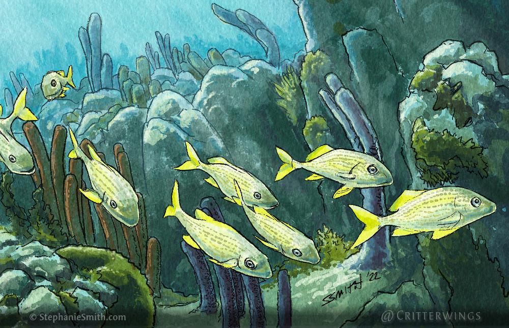 Closeup from the painting "In the Reef" showing a school of fish swimming in front of a coral reef.