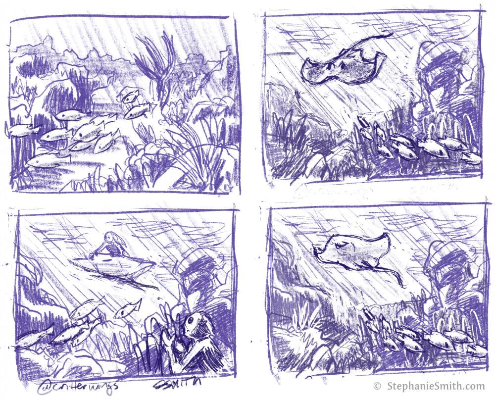 4 different rough sketches for In the Reef
