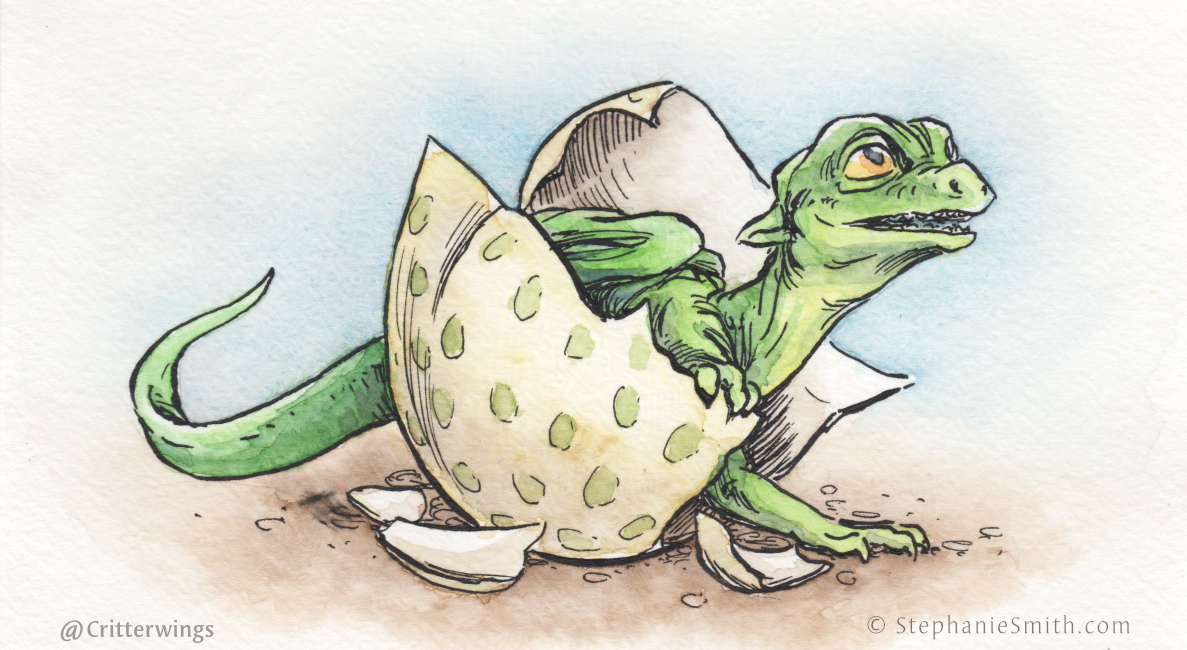 Drawing of a green dragon hatching out of a broken eggshell.