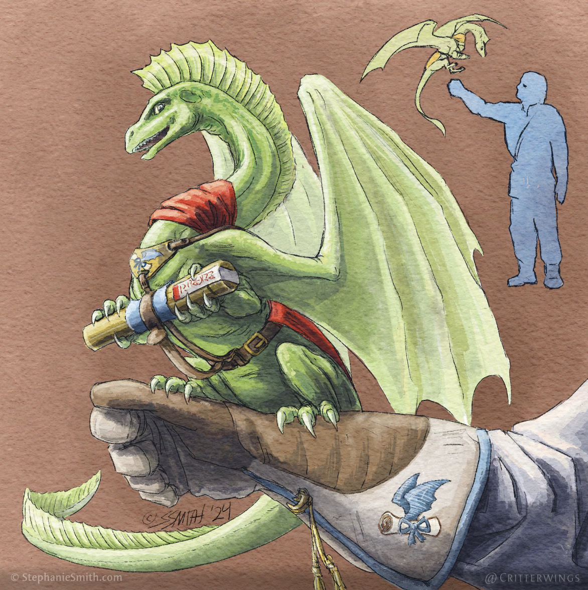 Painting of a small green dragon sitting on a gloved hand
