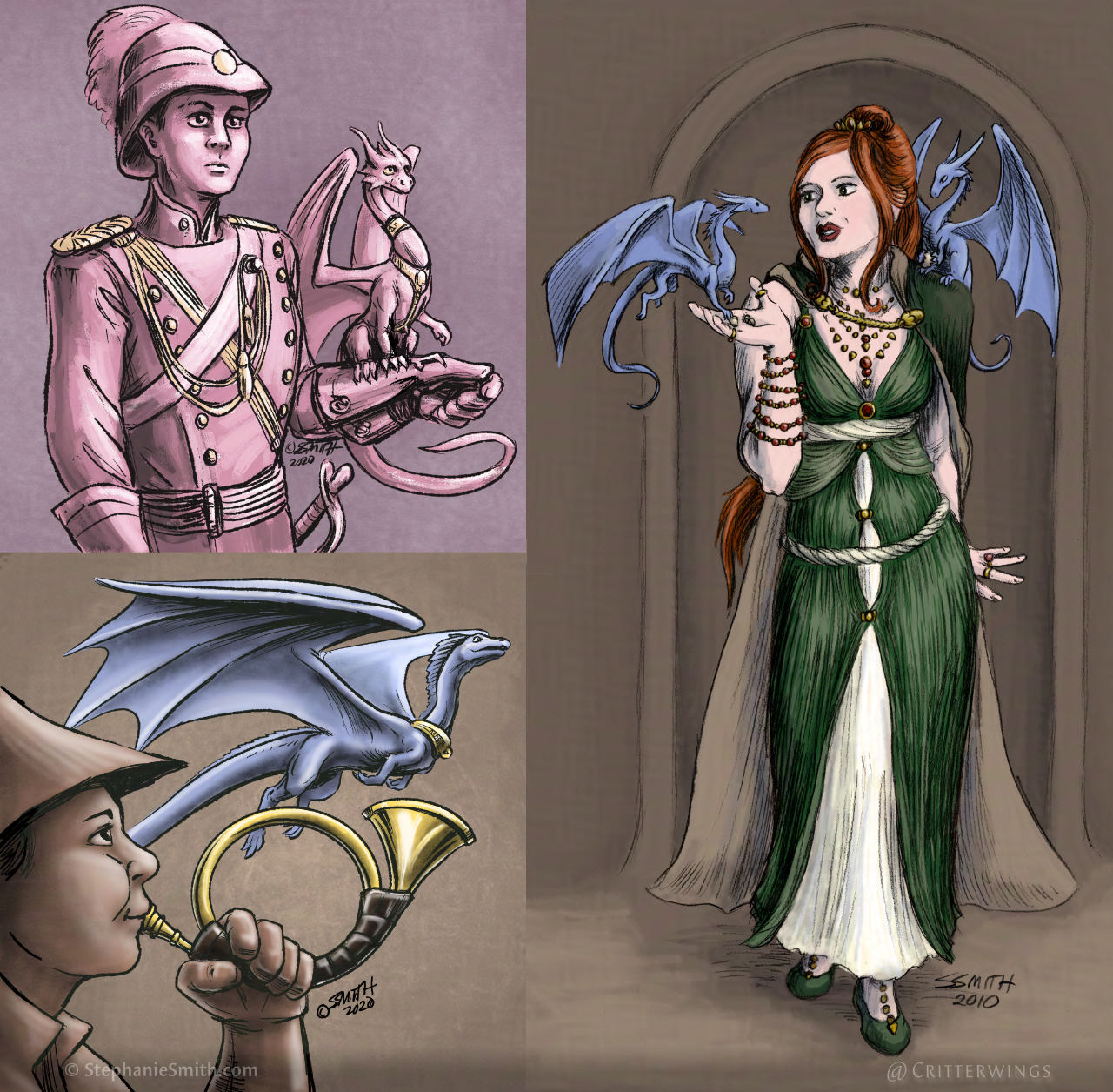 Various drawings of people in fantastical costumes with tiny pet dragons.