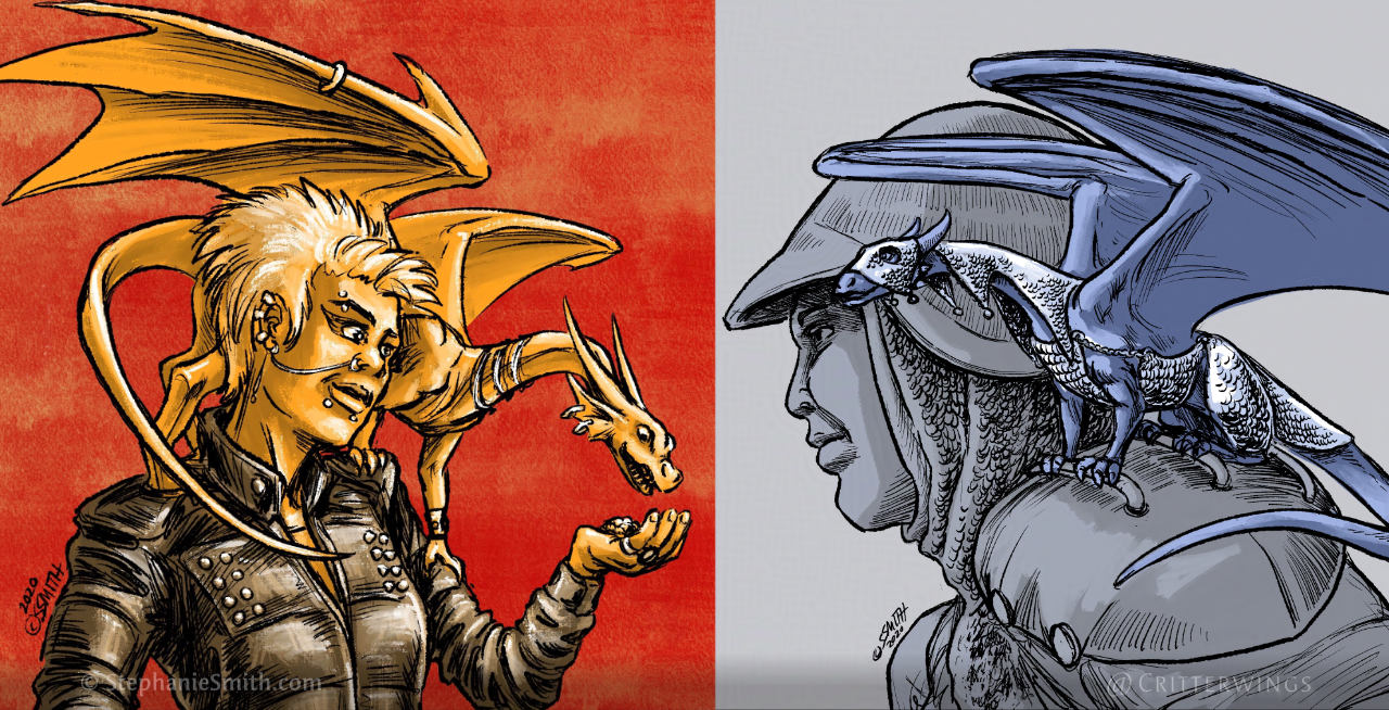 Various drawings of people in fantastical costumes with tiny pet dragons.