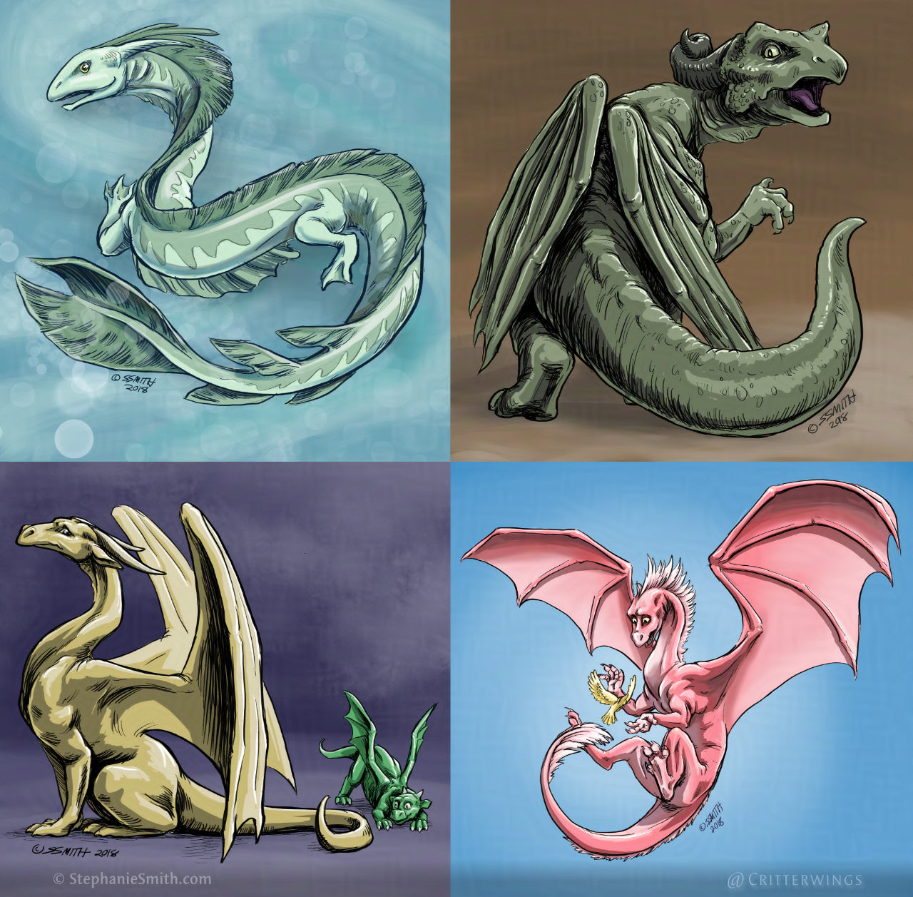 Drawings of four different dragon characters, showing different characteristics and personalities.