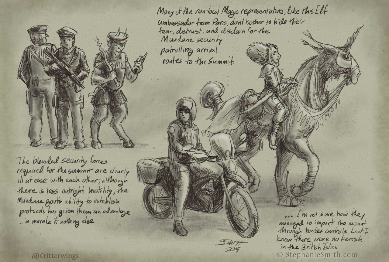 Faux-journal sketchbook page showing a mix of modern and fantastical police and security personnel.