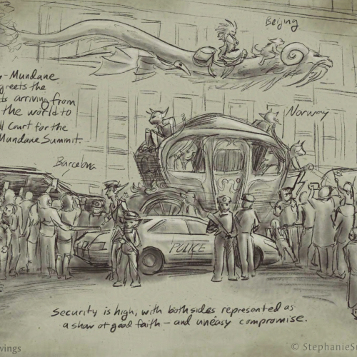 Sketch simulating a journal entry showing magical beasts and contraptions in a procession with modern cars down an urban British street, surrounded by onlookers.