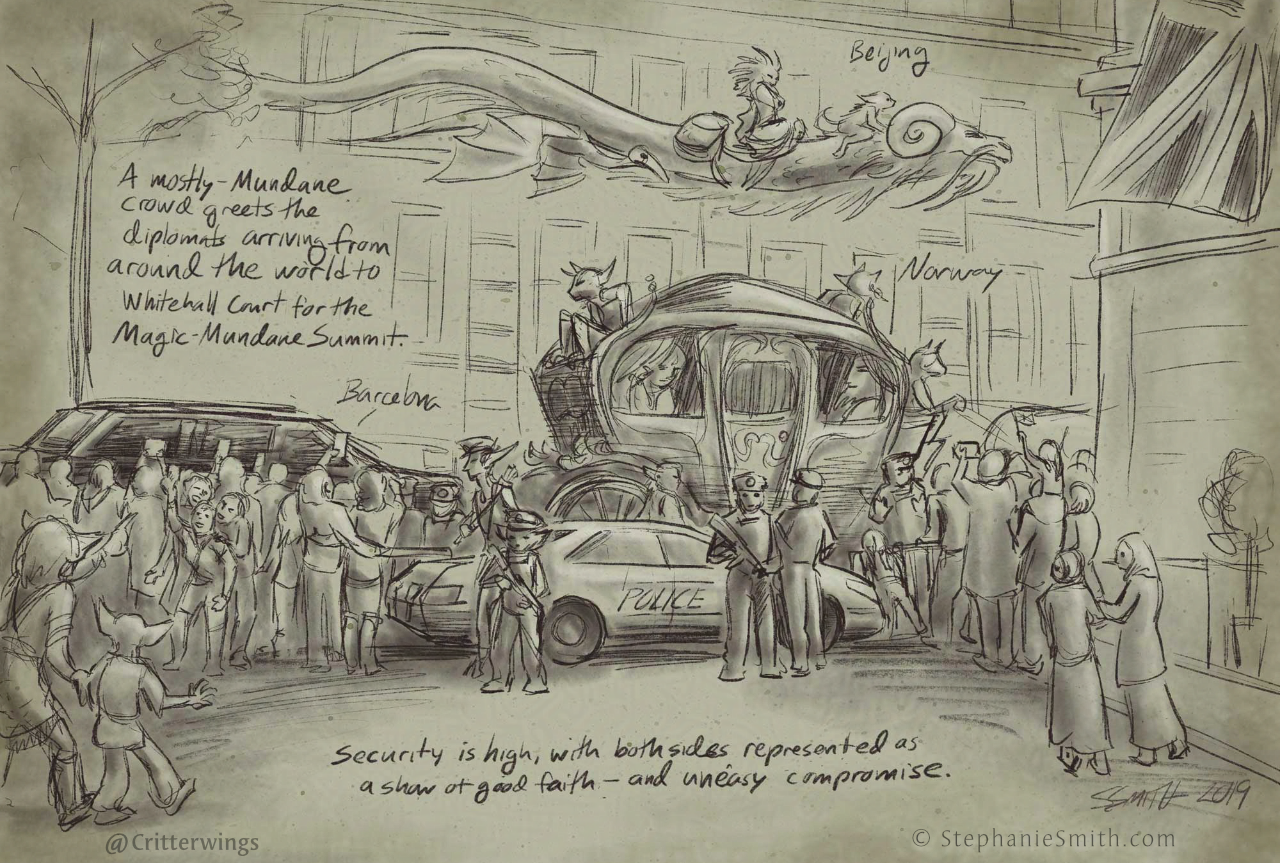 Sketch simulating a journal entry showing magical beasts and contraptions in a procession with modern cars down an urban British street, surrounded by onlookers.