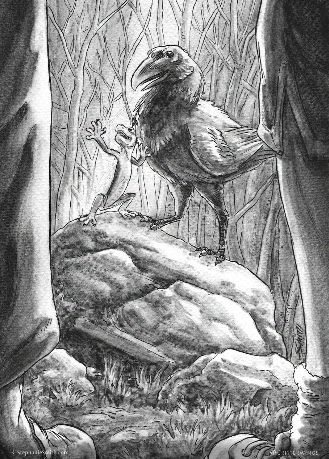ink and gray watercolor artwork of a raven and gecko standingon a boulder in the forest, facing two human figures which we can only see their legs. 