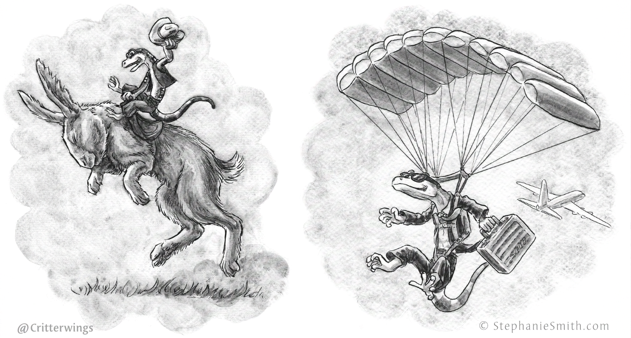 Two illustrations in ink and gray watercolor, both with a gray cloudy background. On the right, a gecko wearing a cowboy hat, vest, and pants, is riding a rabbit as if it's a bucking bronco. On the right, a gecko in a black suit and sunglass holding a metal briefcase parachutes through the sky, as an airplane coasts away in the distance. 