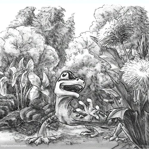 A ground-level view of a cheerful gecko happily walking through a landscape including flowers, bushes and trees.