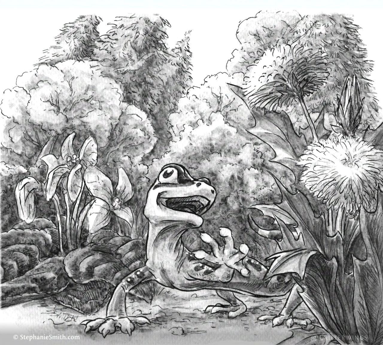 A ground-level view of a cheerful gecko happily walking through a landscape including flowers, bushes and trees.