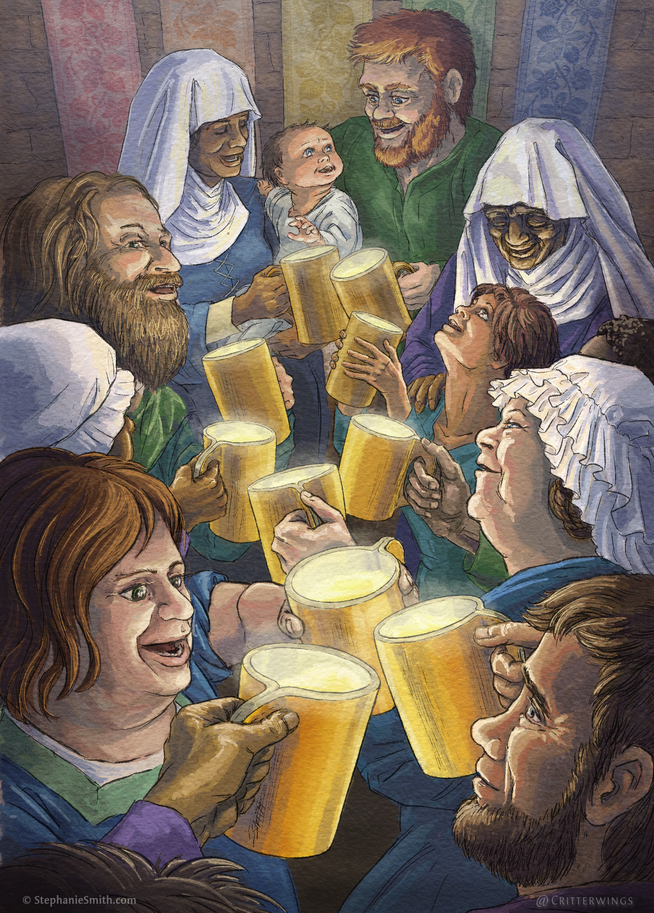 Artwork in ink lines and watercolor, depicting a crowd of people of diverse races and ages in medival dress, gathered around a table and cheerfully toasting with 10 mugs filled with glowing ale. The crowd includes a family with a baby, and multicolored banners decorate the background.