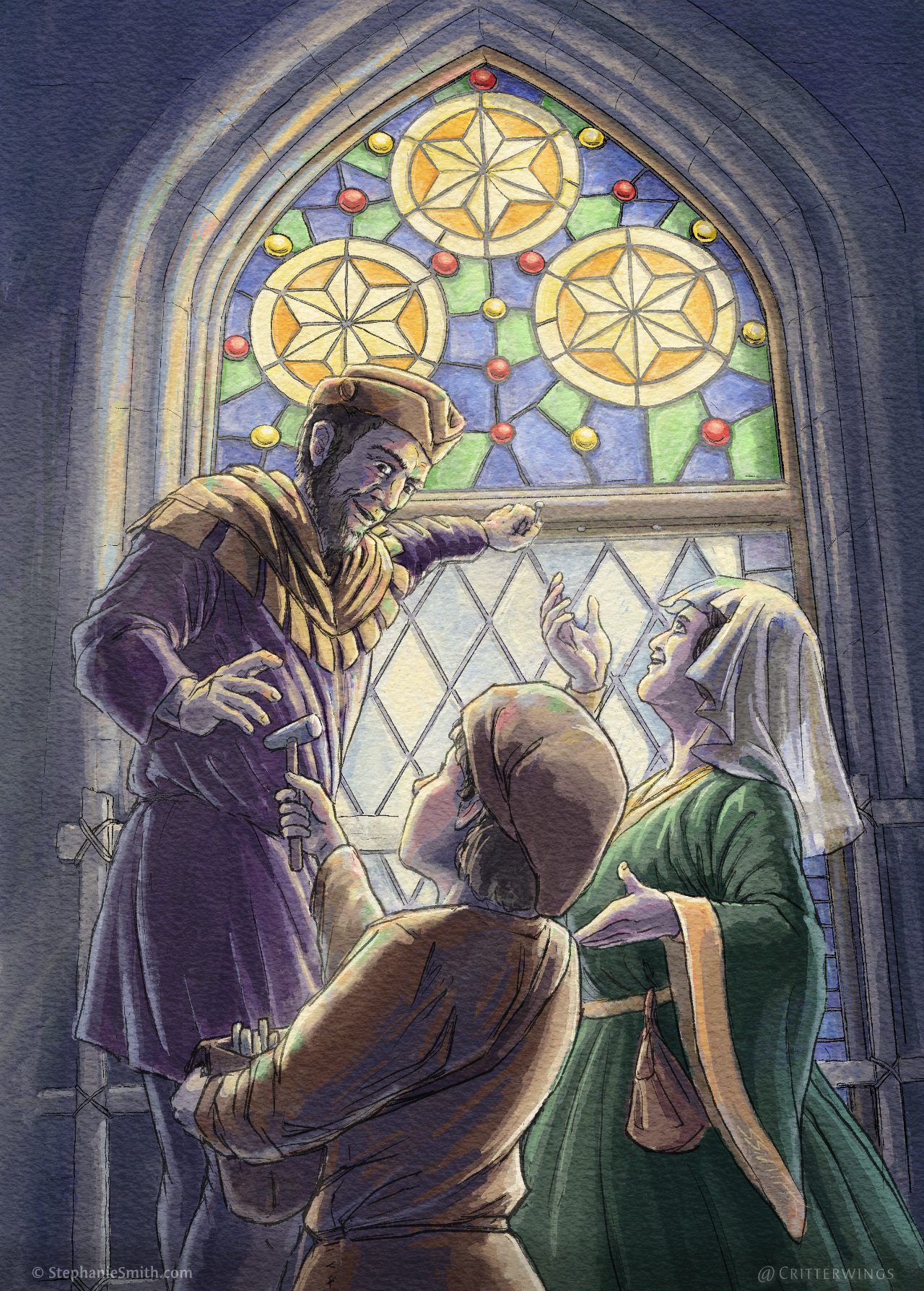 Artwork in ink and watercolor, representing the tarot card 3 of Pentacles, with three circles with six-pointed stars in them embedded in a bright stained glass window in a stone wall. A woman in a fancy medieval dress and headpiece is talking with a man wearing a tunic who is on a small scaffold placing nails around the edges of the window, and who is reaching down to take a small hammer from a boy holding a bag of tools.